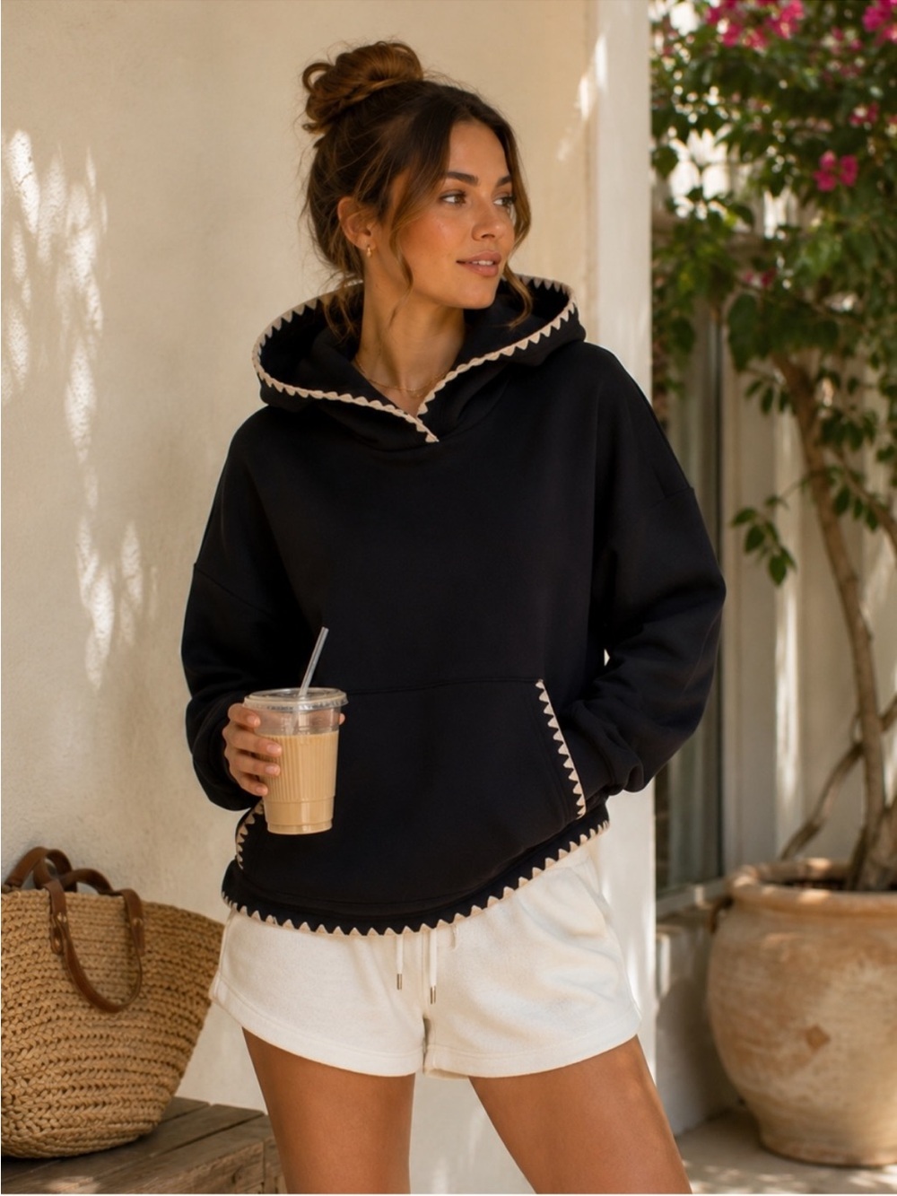 Tuckernuck Black Hoodie with Cream Scallop Trim